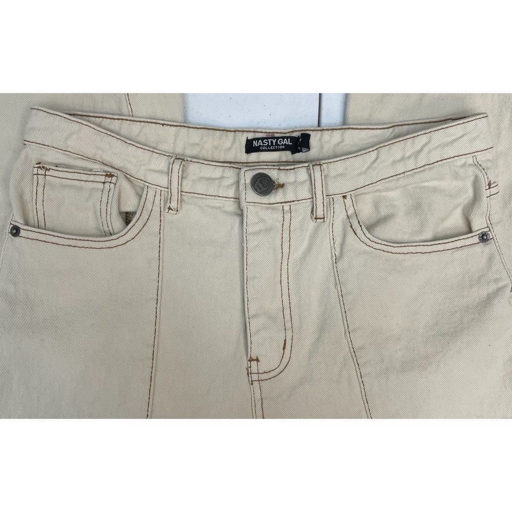 Nasty Gal High Waist Straight Leg Pants Womens 6 Beige Front Seam Split Hem Read - Picture 4 of 12